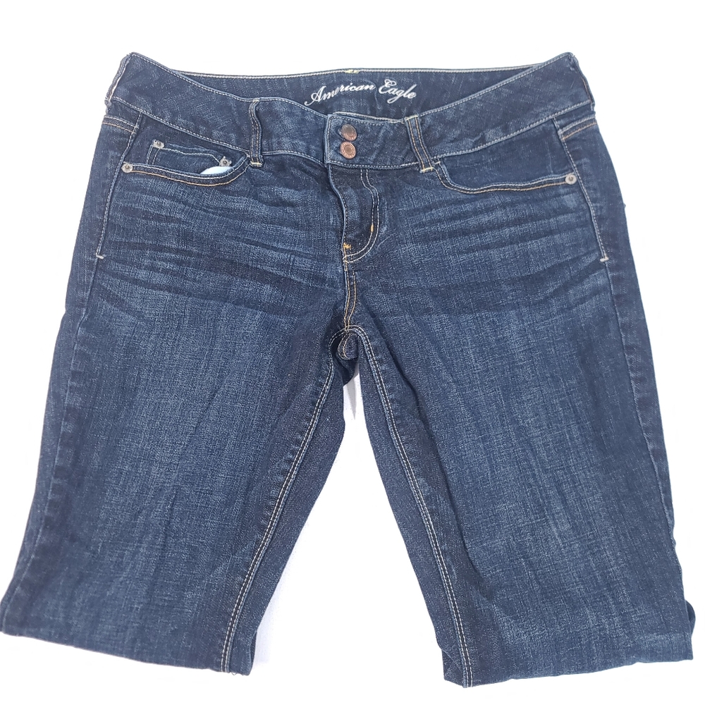 American Eagle Jeans Womens 14 Short Artist Stretch Flared Leg Dark Blue Denim
